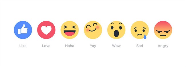 This image provided by Facebook shows its newly introduced "Reactions" buttons. From left: like, love, haha, yay, wow, sad, and angry. Facebook is testing Reactions in Ireland and Spain starting Thursday, Oct. 8, 2015, with the hope of eventually rolling them out globally soon. 