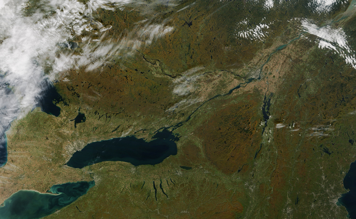 Fall colours across Ontario, Quebec and the eastern United States are seen in this satellite image.