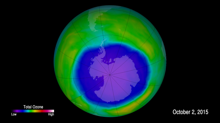 This false-colour image shows ozone concentrations above Antarctica on Oct. 2, 2015.