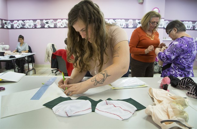 Adrienne Connelly, who has a pitcher's hand and ball tattooed on her forearm, works on a baseball-themed bra for the Blue Jay's post season during a bra-making class with Beverly Johnson of Bra-makers Supply in Hamilton on Wednesday, October 14, 2015.