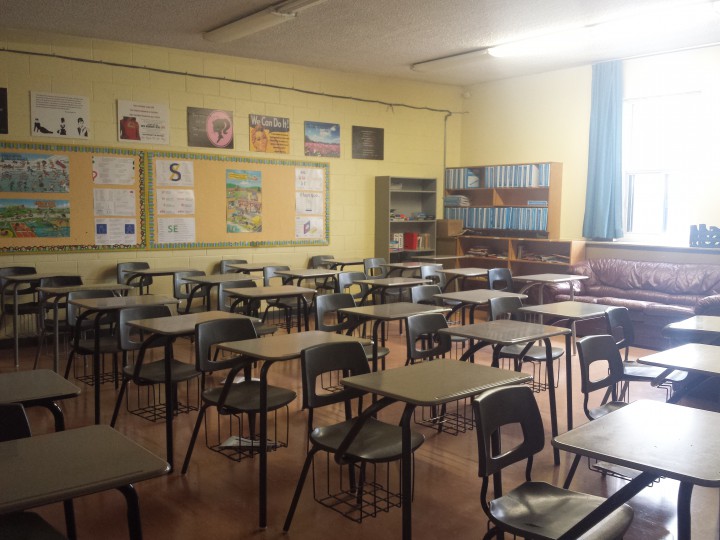 Empty classrooms at Riverdale High School after students walked out on classes to support teacher protests, Wednesday, October 7, 2015.