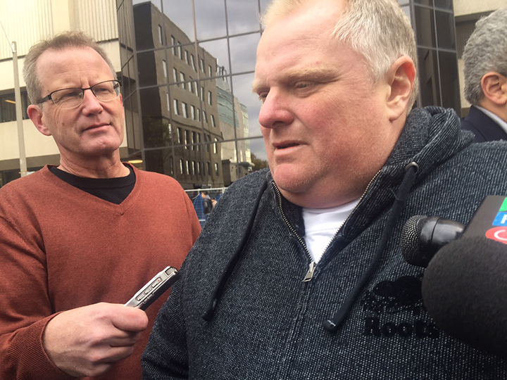 Rob Ford speaks to reporters outside of Mount Sinai Hospital on Oct. 29, 2015.