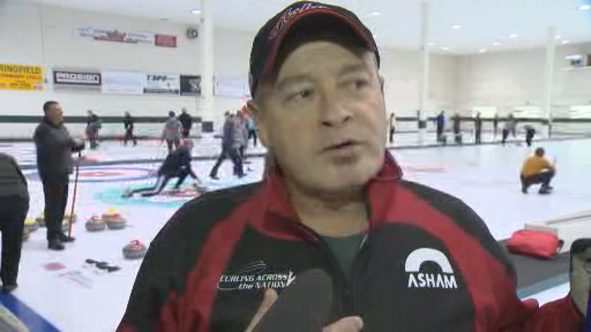 A New Brunswick man is in the Okanagan sharing a game of curling with locals while looking to raise money for his hometown rink. He's been traveling across the country visiting curling rinks at his own cost. 