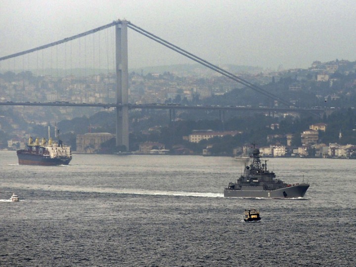 A Russian warship passes through the Bosphorus, in Istanbul, en route to the Mediterranean Sea, Tuesday, Oct. 6, 2015. 