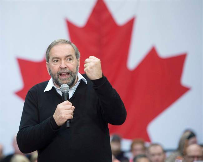 NDP Leader Tom Mulcair speaks to supporters at a rally, Sunday, October 4, 2015 in London, Ont.