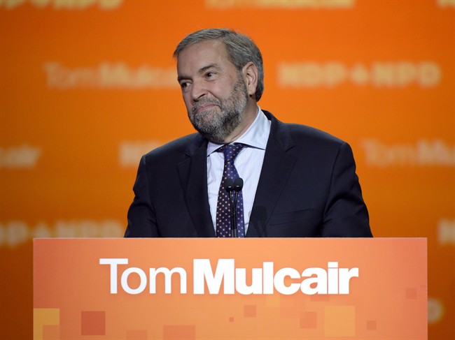 NDP Leader Tom Mulcair speaks to supporters, Monday, Oct. 19, 2015 in Montreal. 