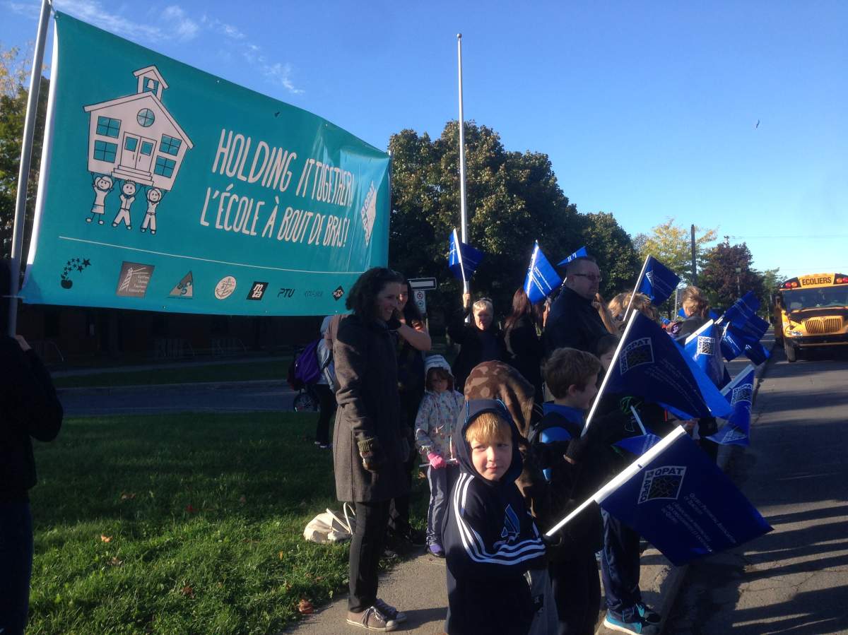 Students outside Saint Anthony Elementary in Beaconsfield were part of 'protect my public school'.