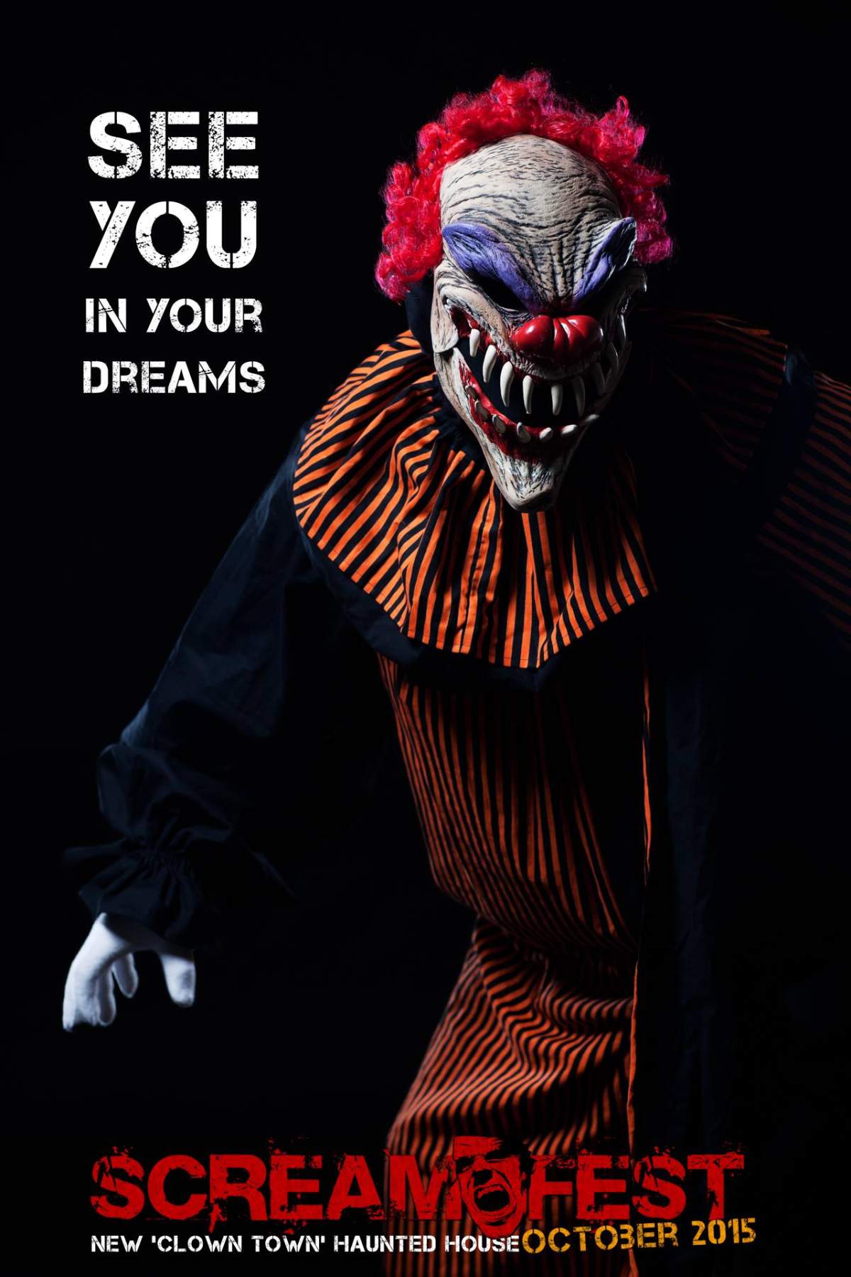 Creepy clowns at the Clown Town haunted house at Screamfest 2015. 