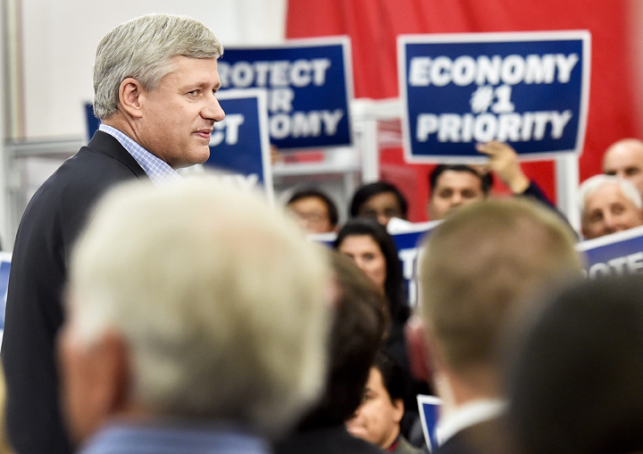 Conservative Leader Stephen Harper speaks during a campaign stop in Richmond Hill, Ont., on Monday, October 5, 2015. THE CANADIAN PRESS/Nathan Denette.