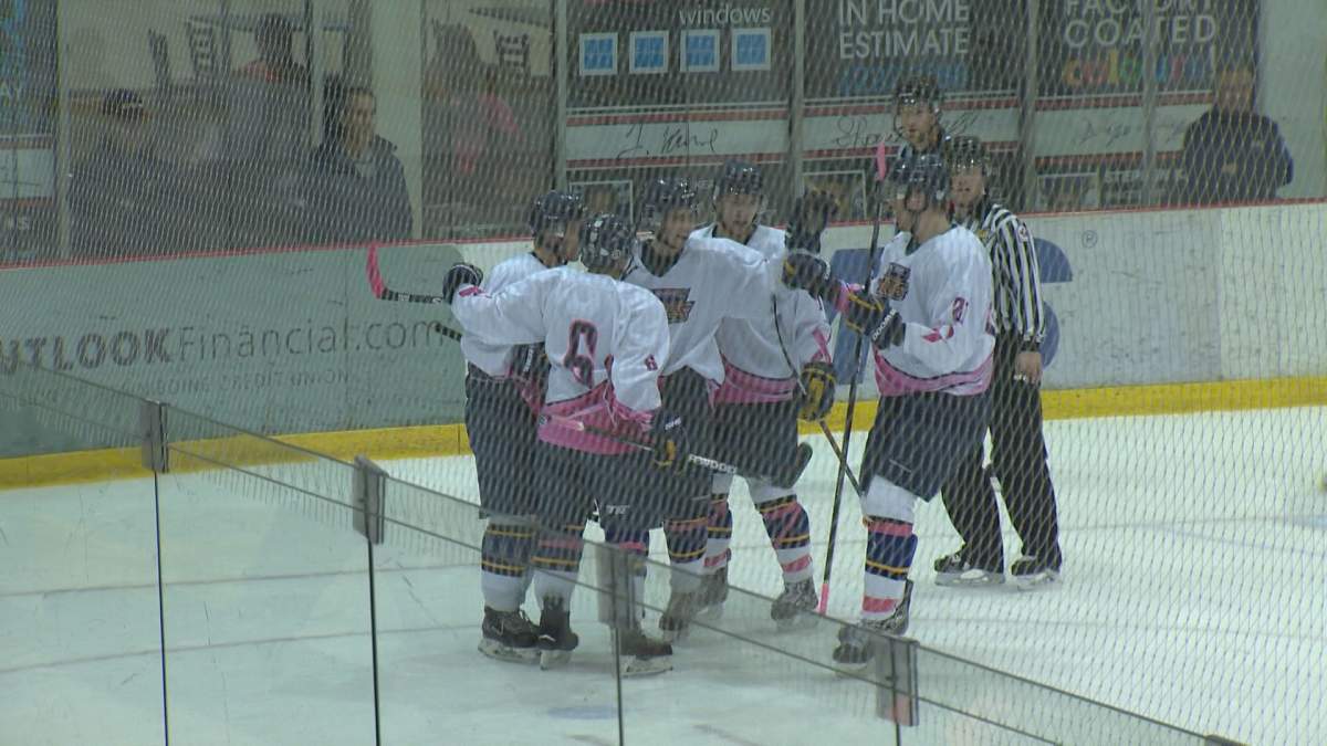 The Winnipeg Blues celebrate a goal against the OCN Blizzard on Friday in the MJHL.