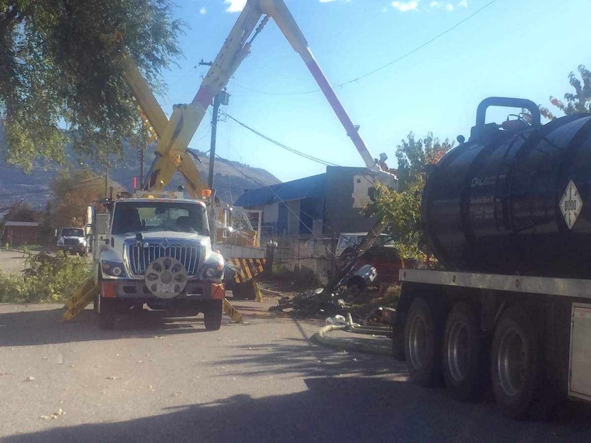 A hit and run accident in Vernon sent one man to hospital and caused a power outage in the Okanagan Landing area. 