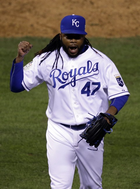 Kansas City Royals pitcher Johnny Cueto (47) celebrates the end of the top of the eighth inning of Game 2 of the Major League Baseball World Series. 