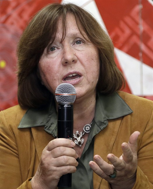 In this photo taken on Tuesday, Sept. 16, 2014, Belarusian journalist Svetlana Alexievich speaks in Minsk, Belarus. Belarusian writer Svetlana Alexievich won the Nobel Prize in literature Thursday, Oct. 8, 2015, for works that the prize judges called "a monument to suffering and courage.".