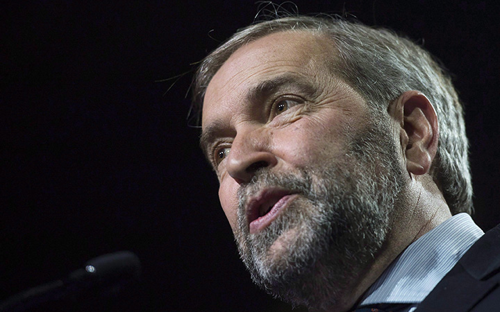 NDP Leader Tom Mulcair speaks to supporters at NDP federal election night headquarters in Montreal, Monday, Oct. 19, 2015.