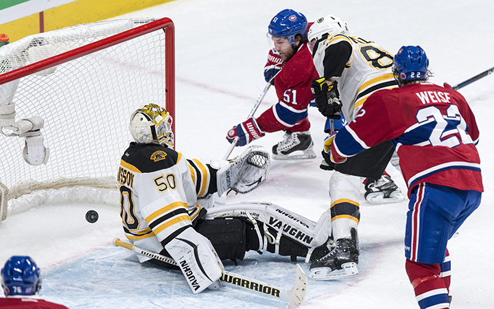 Montreal Canadiens' David Desharnais  scores a power play goal past Boston Bruins' goalie Jonas Gustavsson during third period NHL hockey action, in Montreal, on Saturday, Nov. 7, 2015. The Canadiens beat the Bruins 4-2.