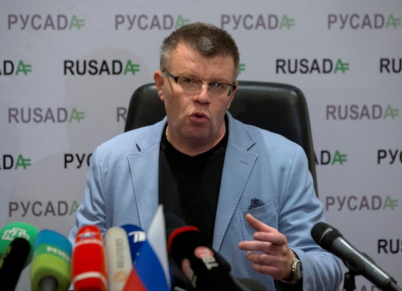 Nikita Kamaev, Managing Director of Russian Anti-Doping Agency RUSADA talks to press at the agency headquarters in Moscow on Tuesday, Nov. 10, 2015. The World Anti-Doping Agency has suspended the accreditation of Moscow's drug-testing laboratory in the wake of a damning report on Russian doping Monday.
