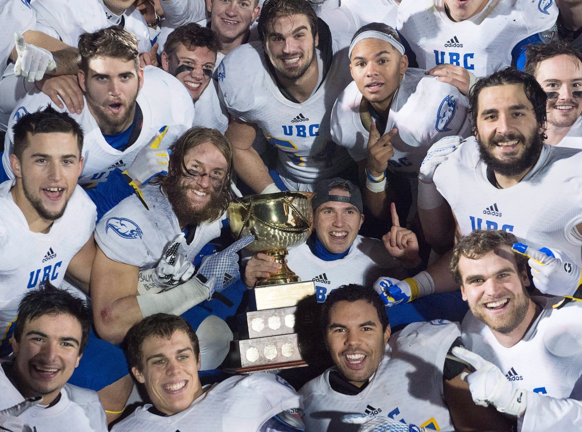 UBC Thunderbirds celebrate after defeating the St. Francis Xavier X-Men 36-9 to win the Uteck Bowl in Antigonish, N.S., on Saturday, Nov. 21, 2015. UBC will face the Montreal Carabins for the Vanier Cup. 