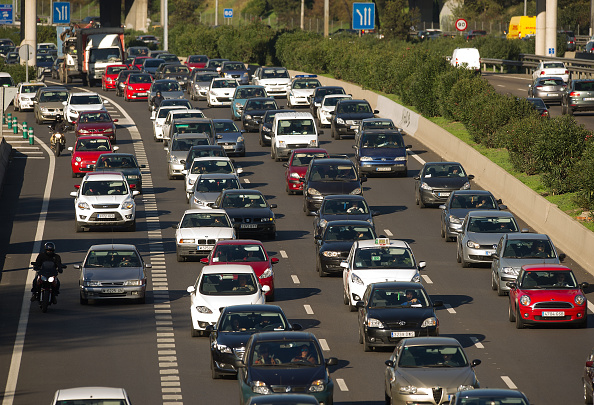 Heavy traffic is seen after Madrid City Council reduced the speed limit on roads approaching and around the Spanish capitall to 70km per hour on November 12, 2015 in Madrid, Spain. The measures were taken after authorities revealed excessive nitrogen dioxide pollutant levels across the city.