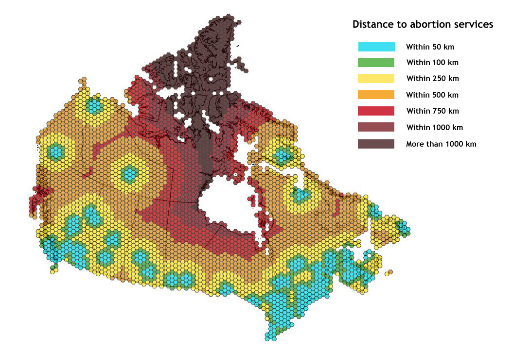 This heat map shows the distance you'd have to travel from various places in Canada to access an abortion provider.