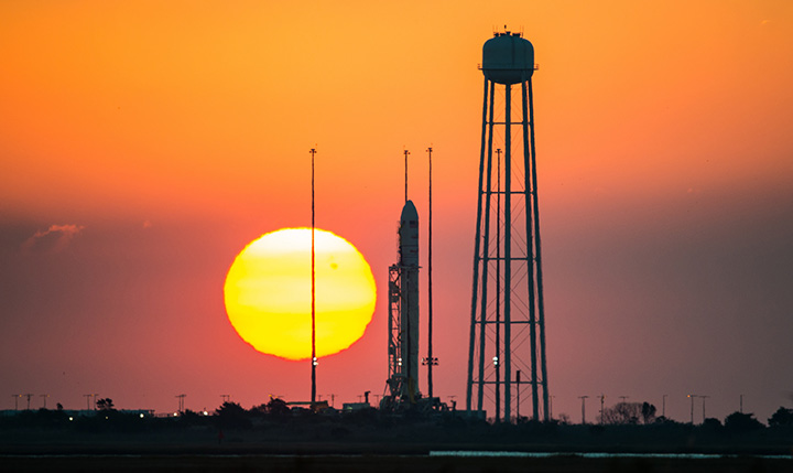 The Orbital Sciences Corporation Antares rocket is seen on October 28, 2014 prior to launch from NASA Wallops Flight Facility.