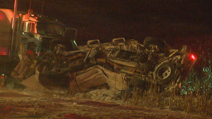 A man was killed after a collision between a semi and a pickup truck west of Saskatoon Tuesday evening.