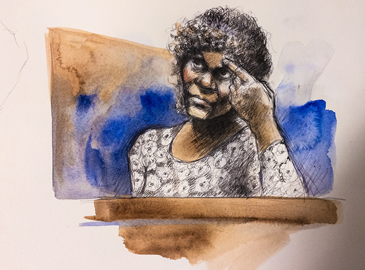 This courtroom sketch from Nov. 9, 2015 shows Elaine Biddersingh pointing to one of the places she said Everton Biddersingh allegedly struck her in the face.
