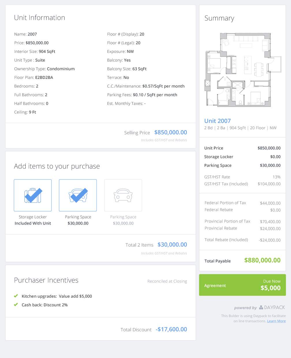 Mock up for BuzzBuzzHome website. Potential buyers can select available features such a condo parking spot.