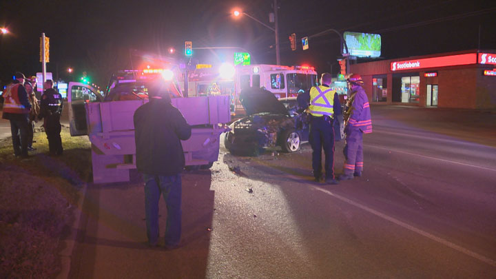 At least one person has been taken to hospital after a crash Friday morning at Faithfull Avenue and Circle Drive.