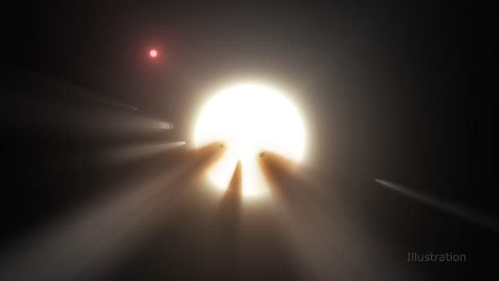 This illustration shows a star behind a shattered comet. This is likely what astronomers were observing with the star KIC 8462852.