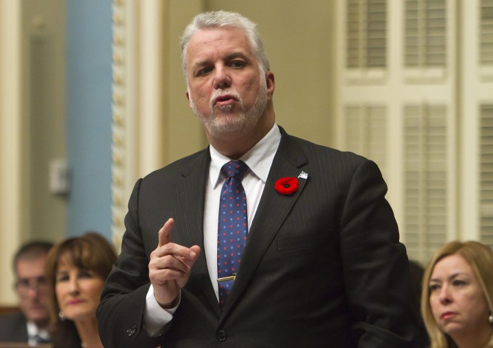 Quebec Premier Philippe Couillard responds to the Opposition during question period at the Quebec legislature, Tuesday Nov. 3, 2015.