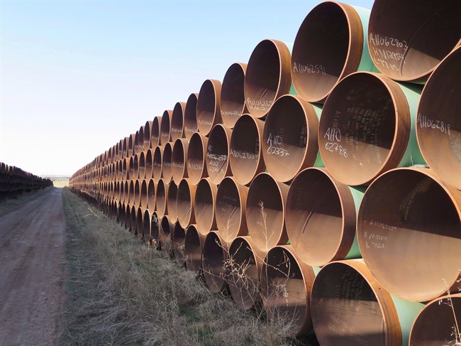 A yard in Gascoyne, ND., which has hundreds of kilometres of pipes stacked inside it that are supposed to go into the Keystone XL pipeline, should it ever be approved are shown shown on Wednesday April 22, 2015. 