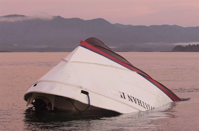 The bow of the Leviathan II, a whale-watching boat owned by Jamie’s Whaling Station, is seen near Vargas Island Tuesday, October 27, 2015 as it waits to be towed into Tofino, B.C., for inspection.