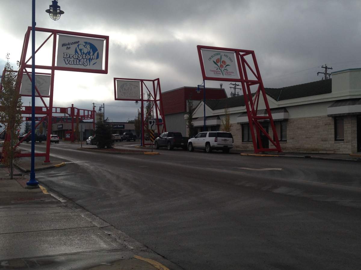 The main street that runs through the community of Drayon Valley, Alberta.