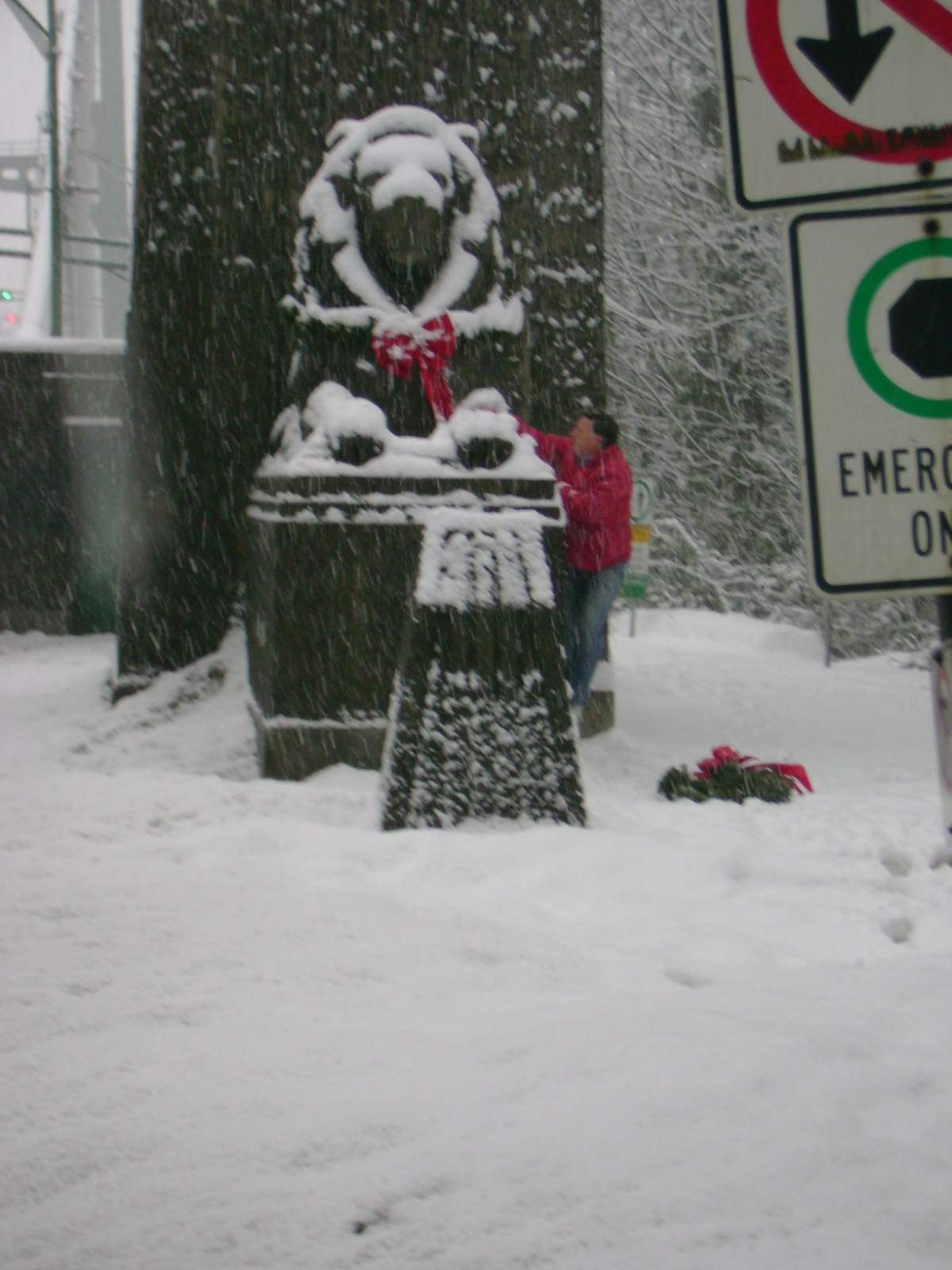 Decorating the Lions Gate Bridge lions.