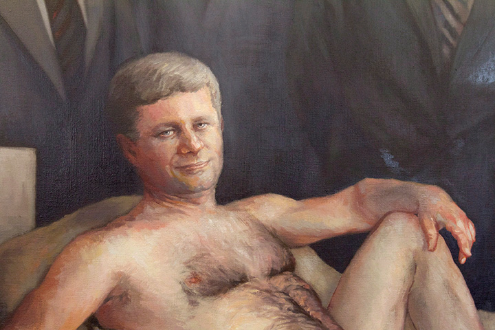 Part of a painting of former Prime Minister Stephen Harper fully nude, by Kingston artist Maggie Sutherland, is shown at the Central Kingston public library in Kingston, Ont. on May 18, 2012. 