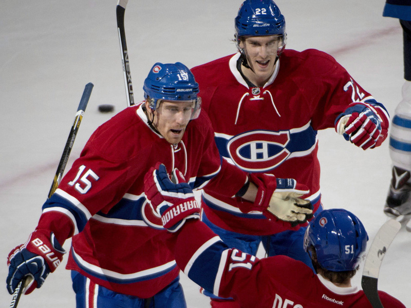 Montreal Canadiens' Tomas Fleischmann (15) celebrates his first period goal against the Winnipeg Jets during NHL action Sunday November 1, 2015 in Montreal. 