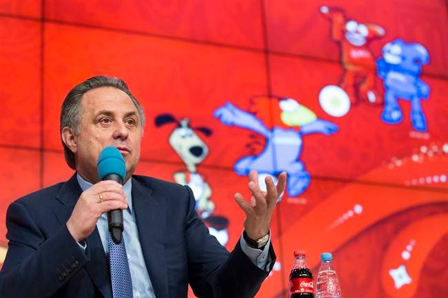 In this April 29, 2015 file photo Russian Sports Minister Vitaly Mutko speaks during a press conference on World Cup 2018 issues in Moscow, Russia.
