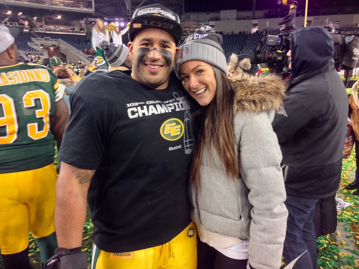 Winnipegger and former Manitoba Bisons Eddie Steele poses for a picture following the Edmonton Eskimos Grey Cup win on Sunday.