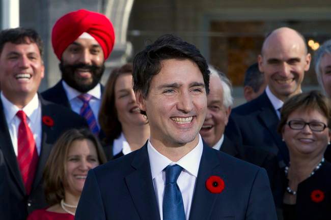 Prime Minister Justin Trudeau holds a news conference with his cabinet after they were sworn-in at Rideau Hall in Ottawa, Wednesday, November 4, 2015. 