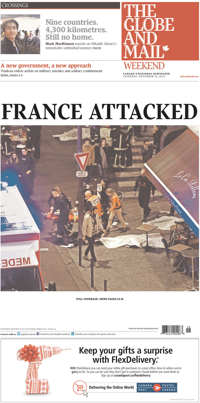The front page of the Globe and Mail following the terror attacks in Paris that killed over 120  people on Nov. 13, 2015. 