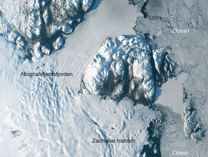 Landsat-8 image of Greenland’s Zachariae Isstrom and Nioghalvfjerdsfjorden glaciers, acquired on Aug. 30, 2014.