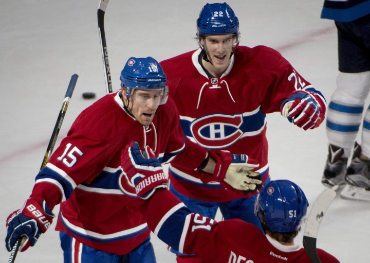 Montreal Canadiens' Tomas Fleischmann (15) celebrates his first period goal against the Winnipeg Jets during NHL action Sunday November 1, 2015 in Montreal.