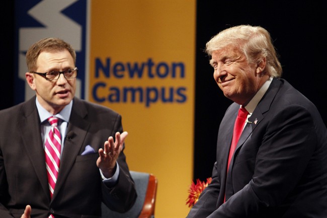 Republican presidential candidate Donald Trump laughs with host Dave Price during the WHO-HD Iowa Forums at the Des Moines Area Community College Newton Campus, Thursday, Nov. 19, 2015, in Newton, Iowa.