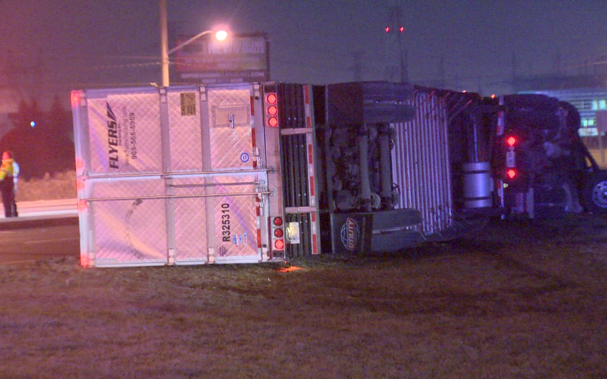 A stolen transport truck flipped on its side on Hwy 27 in Vaughan on Nov. 25, 2015.