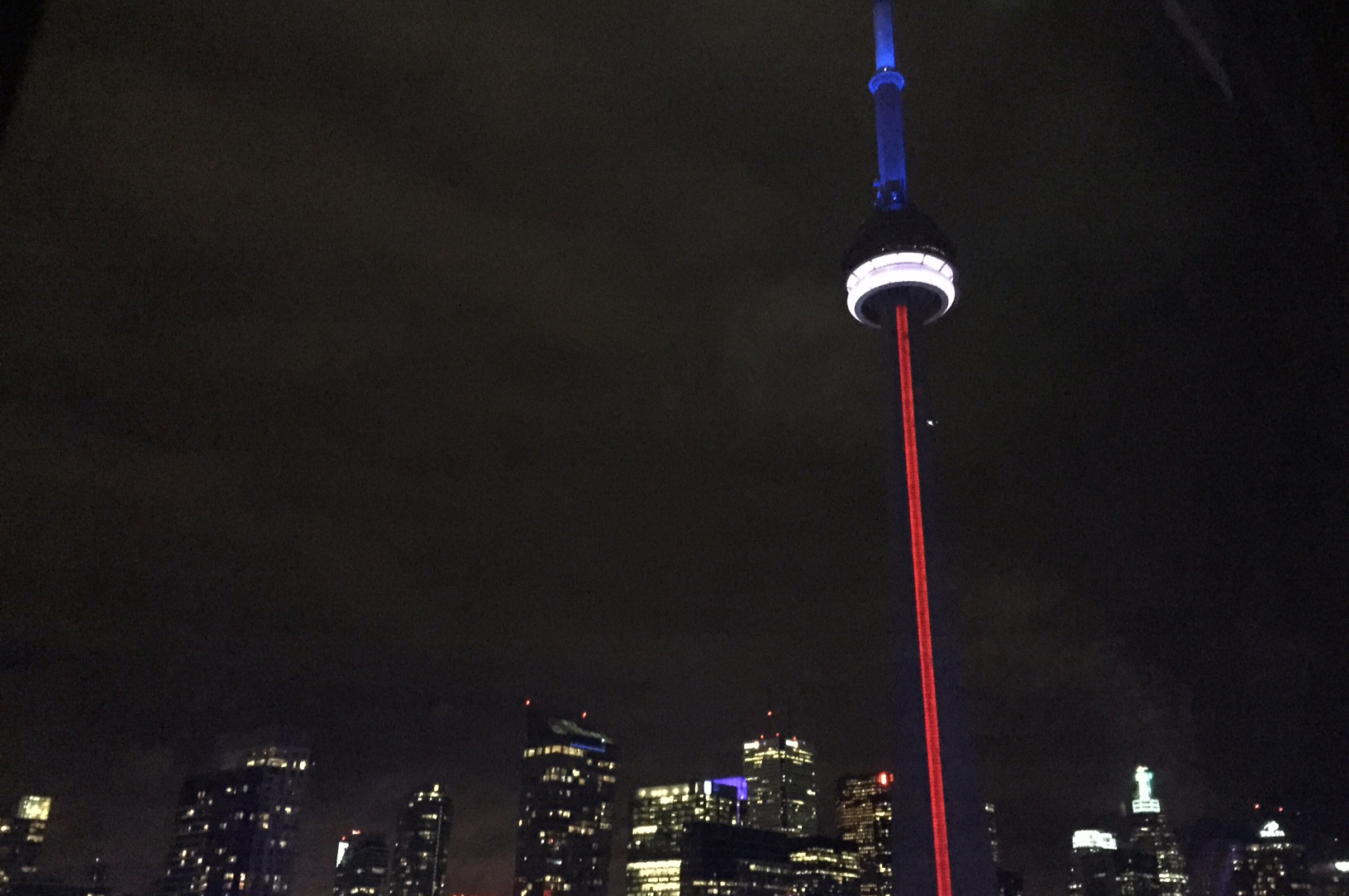 CN Tower lit blue. Toronto, Ontario