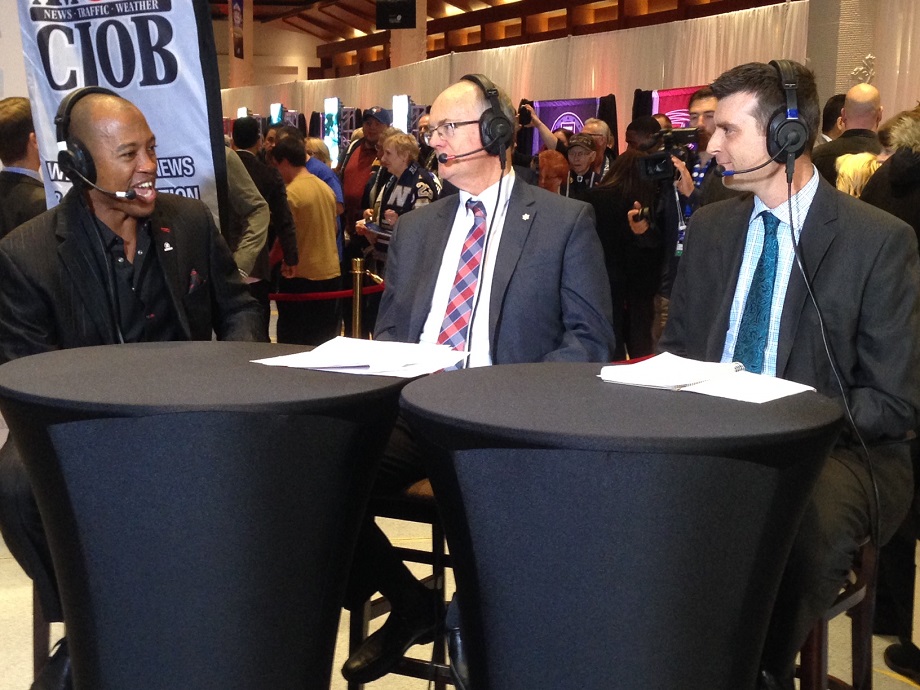 680 CJOB's Bob Irving along with Global's Russ Hobson and the CFL's Henry Burris, at the Shaw CFL Player Awards pre-show Nov. 26, 2015.