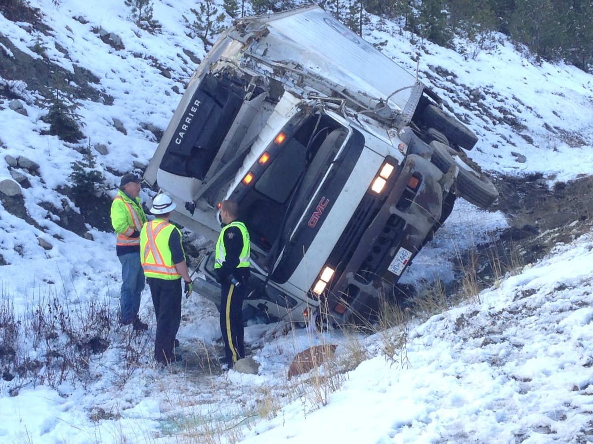 A delivery truck rolled off the side of the road on the icy Okanagan Connector on Monday morning. 