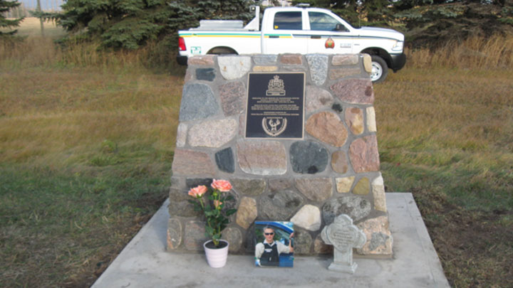A memorial on Highway 11 remembers Justin Knackstedt, a Saskatchewan conservation officer killed by a drunk driver in 2013.