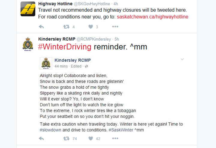 A Saskatchewan RCMP Detachment are rhyming about winter road safety on social media.