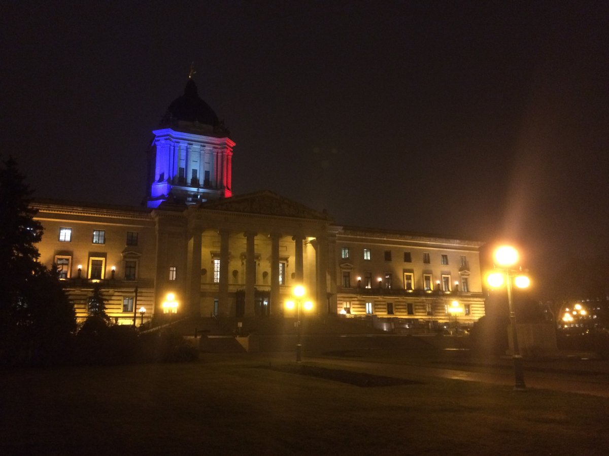Manitoba's legislature building lights up in blue, white and red for Paris.